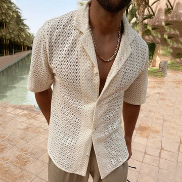 Wiaofellas 2023 Spring Summer Fashion Hollow Out Knit Shirts Men Solid Color Short Sleeve Button Lapel Tops For Mens Clothes Leisure Shirt